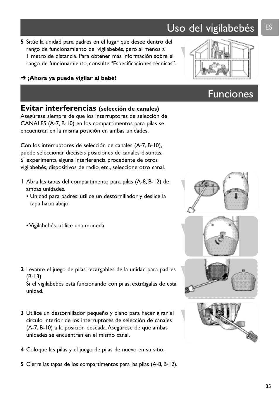 Uso del vigilabebés, Funciones, Evitar interferencias | Philips Vigilabebés analógico User Manual | Page 35 / 173
