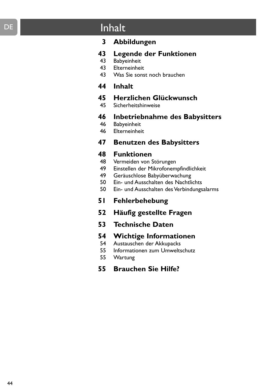 Inhalt | Philips Vigilabebés analógico User Manual | Page 44 / 173
