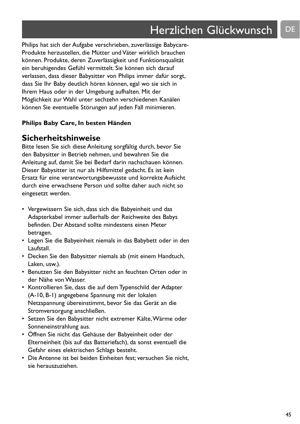 Herzlichen glückwunsch, Sicherheitshinweise | Philips Vigilabebés analógico User Manual | Page 45 / 173