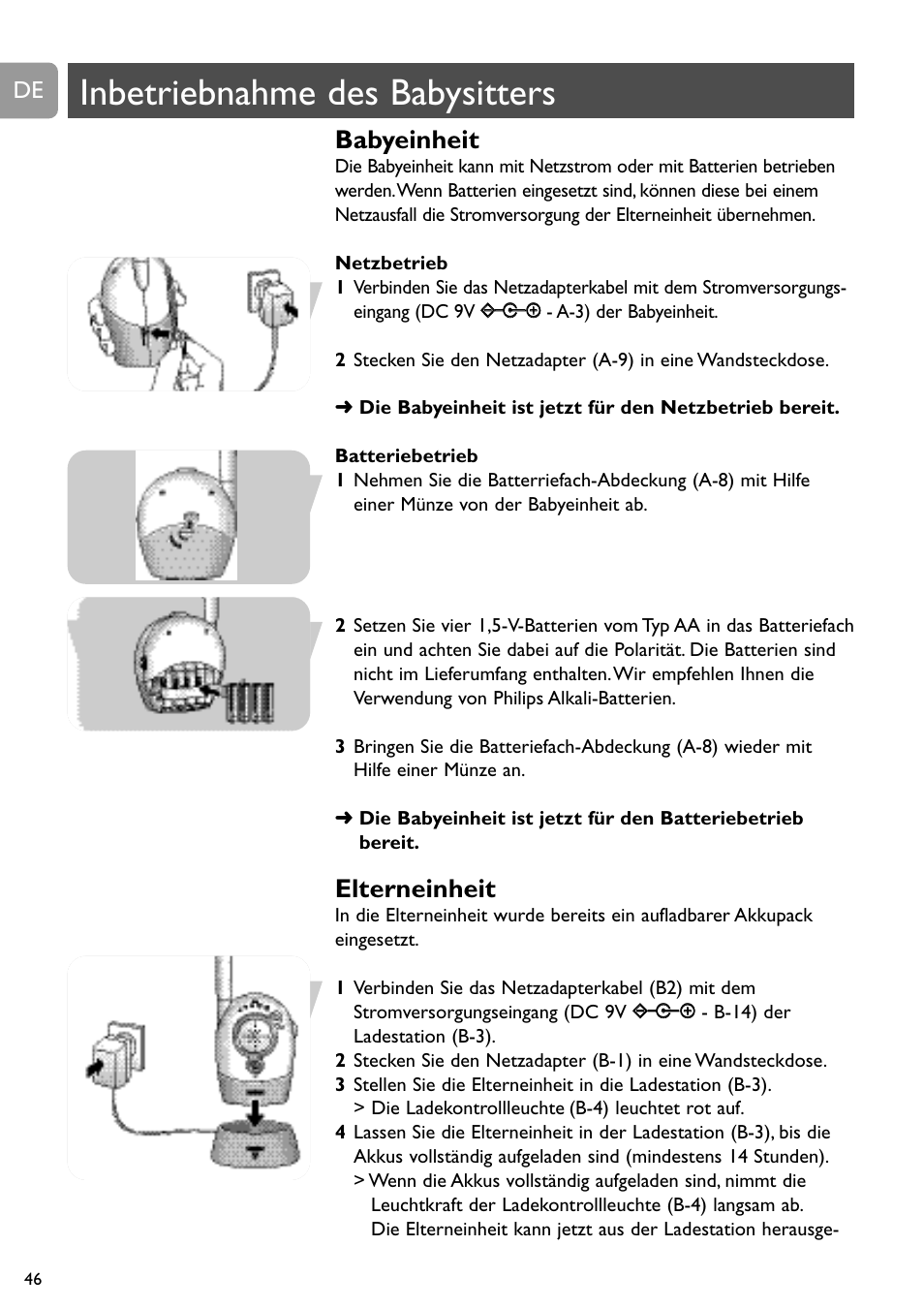 Inbetriebnahme des babysitters, Babyeinheit, Elterneinheit | Philips Vigilabebés analógico User Manual | Page 46 / 173
