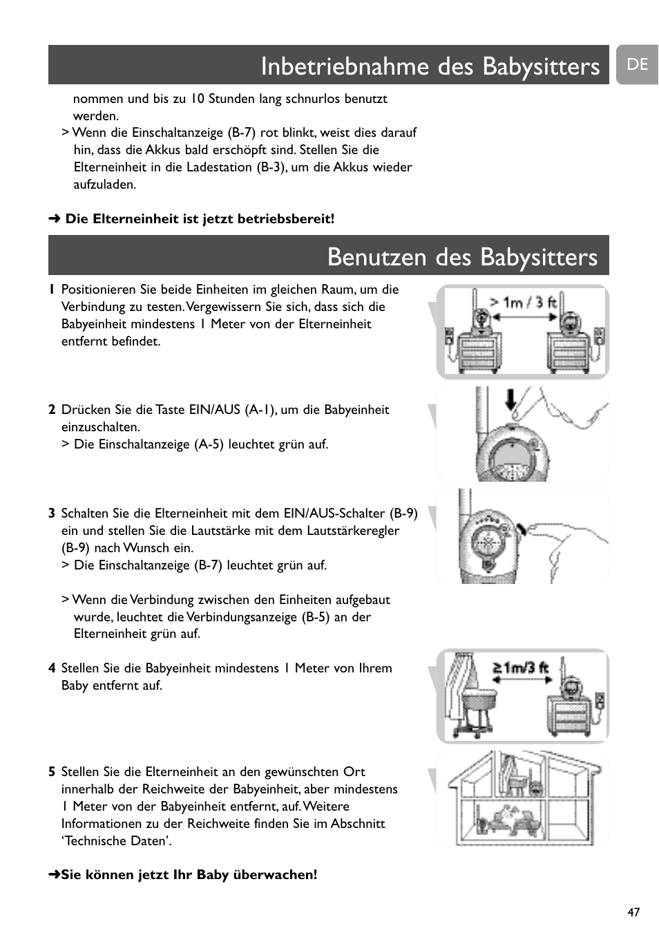 Inbetriebnahme des babysitters, Benutzen des babysitters | Philips Vigilabebés analógico User Manual | Page 47 / 173