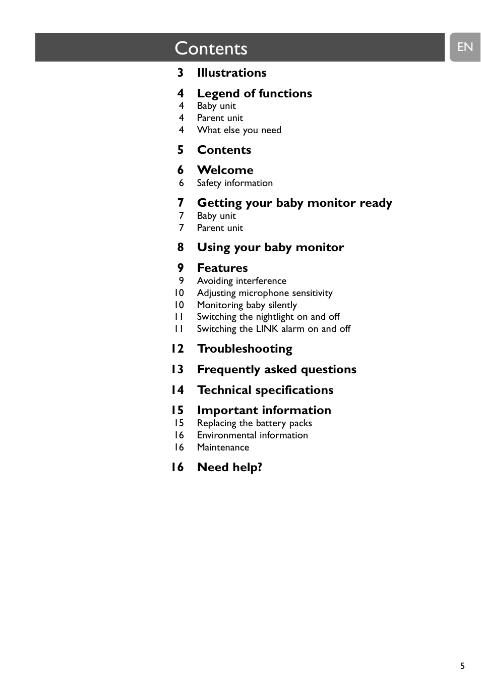 Philips Vigilabebés analógico User Manual | Page 5 / 173