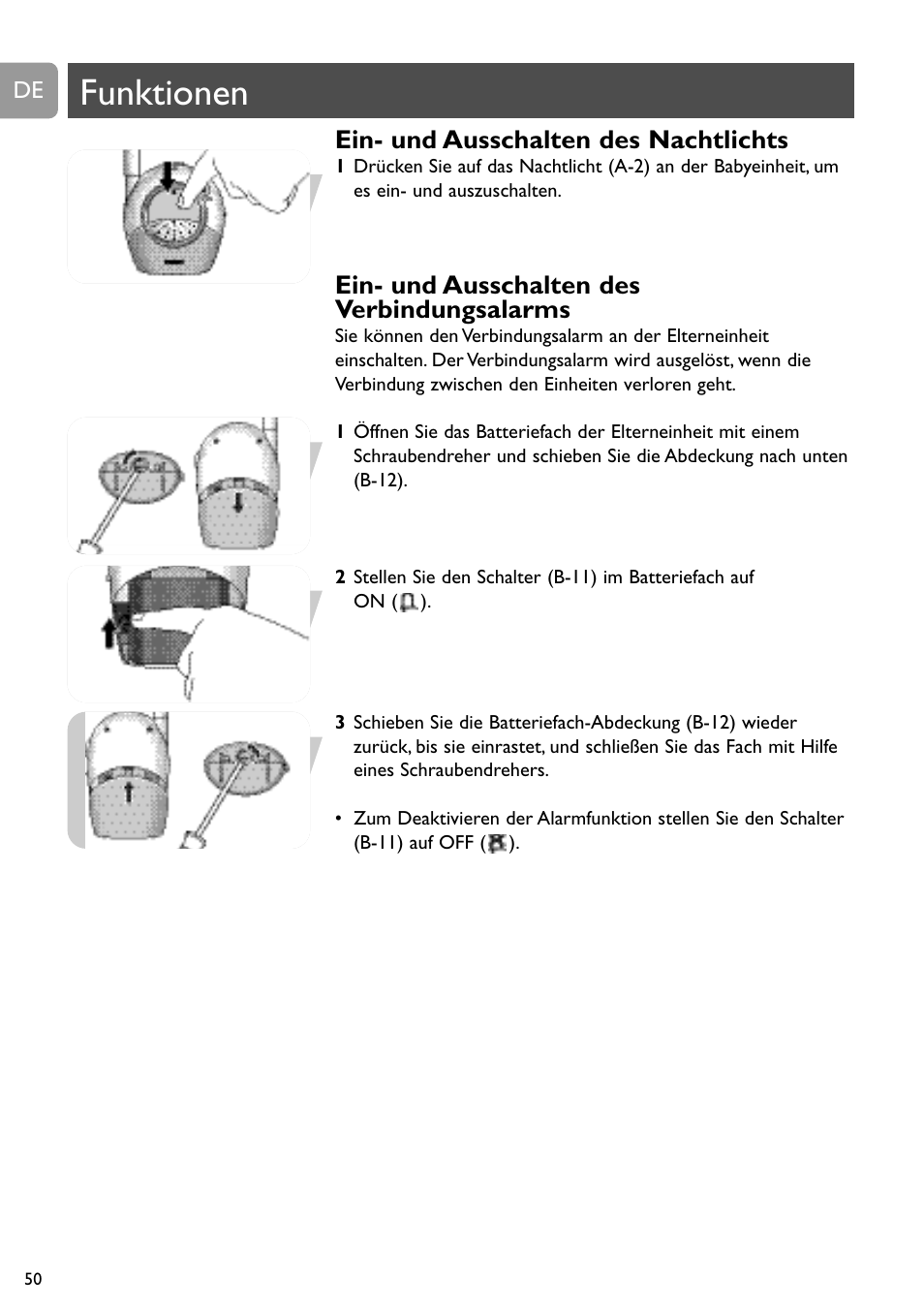 Funktionen, Ein- und ausschalten des nachtlichts, Ein- und ausschalten des verbindungsalarms | Philips Vigilabebés analógico User Manual | Page 50 / 173