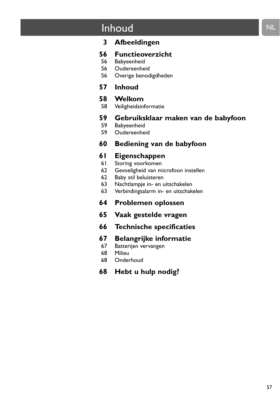 Inhoud | Philips Vigilabebés analógico User Manual | Page 57 / 173