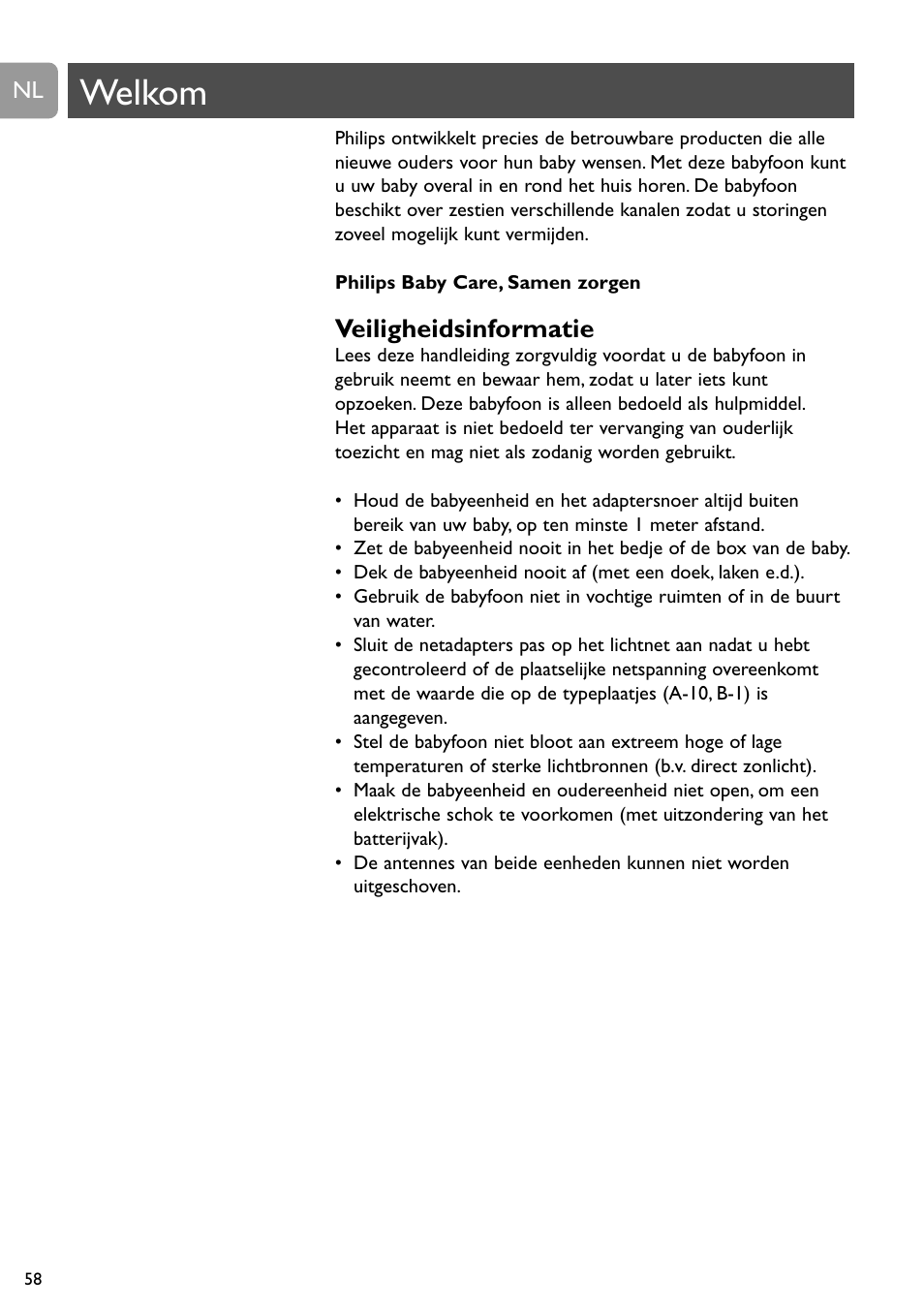 Welkom, Veiligheidsinformatie | Philips Vigilabebés analógico User Manual | Page 58 / 173