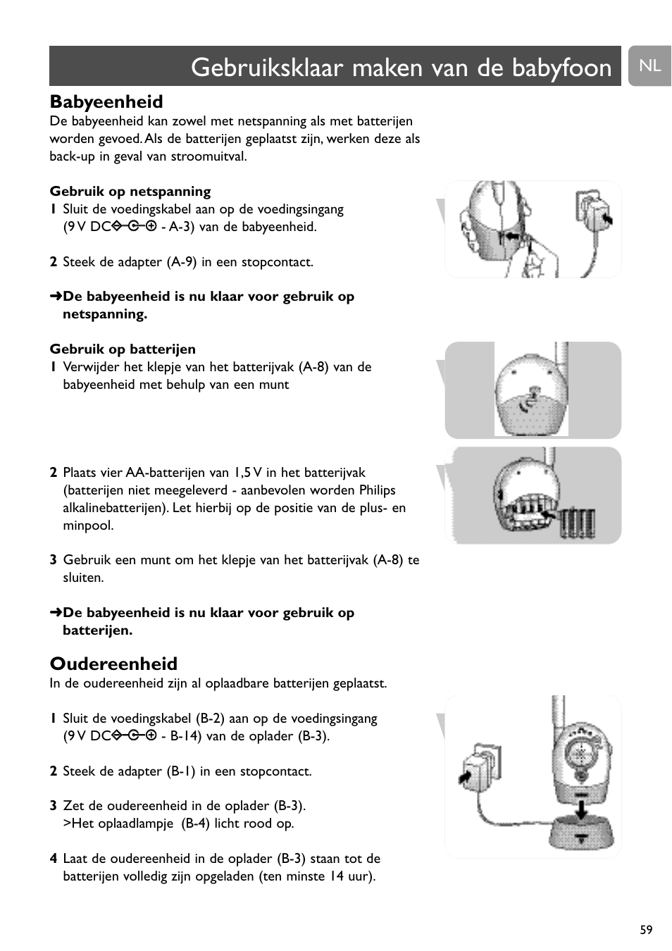Gebruiksklaar maken van de babyfoon, Babyeenheid, Oudereenheid | Philips Vigilabebés analógico User Manual | Page 59 / 173