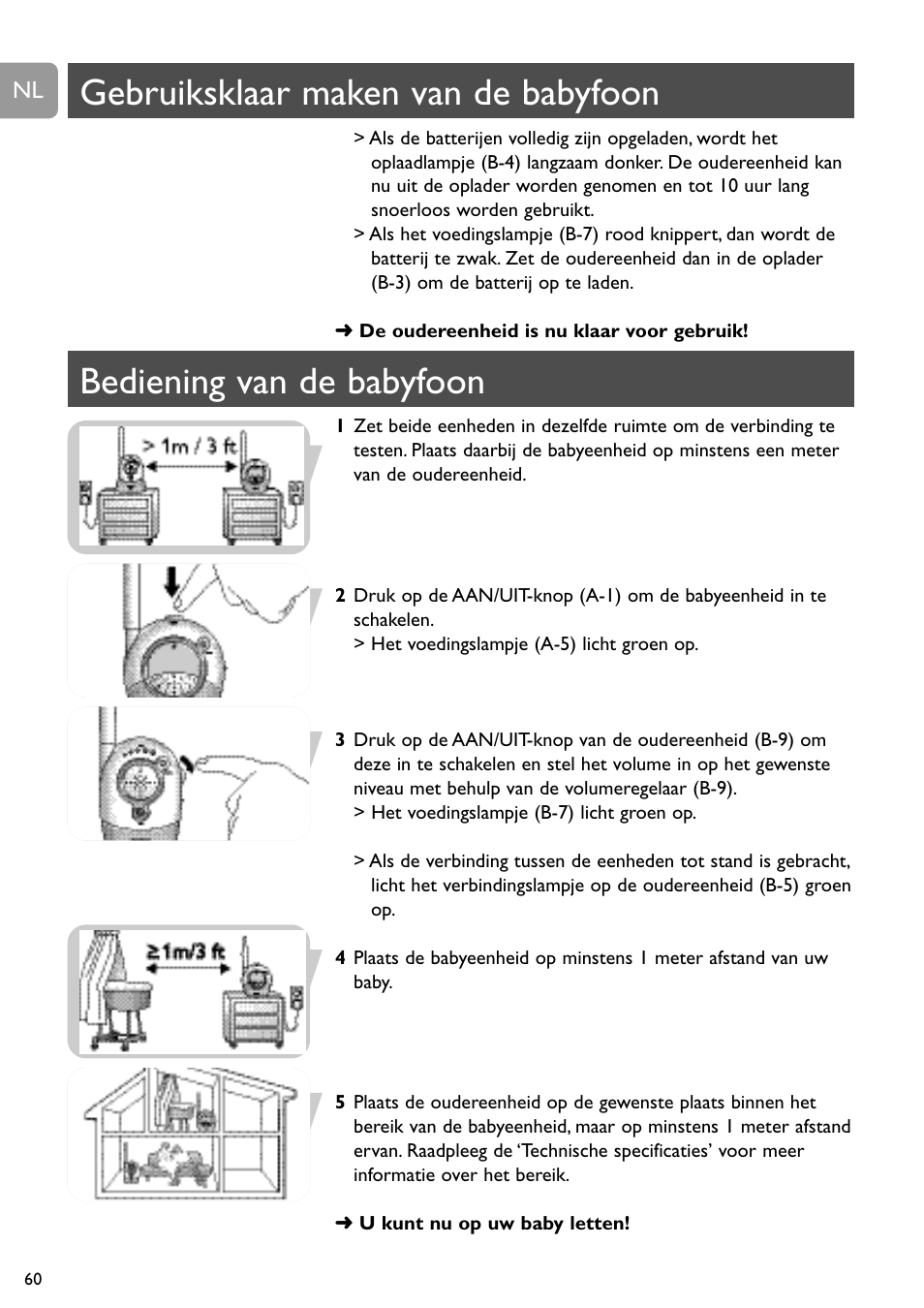 Gebruiksklaar maken van de babyfoon, Bediening van de babyfoon | Philips Vigilabebés analógico User Manual | Page 60 / 173