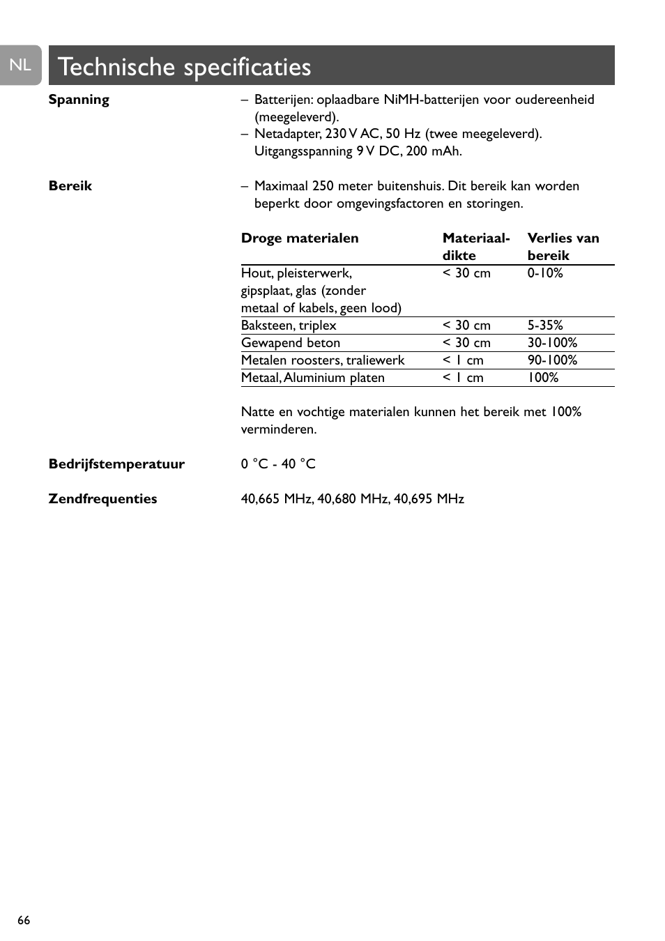 Technische specificaties | Philips Vigilabebés analógico User Manual | Page 66 / 173