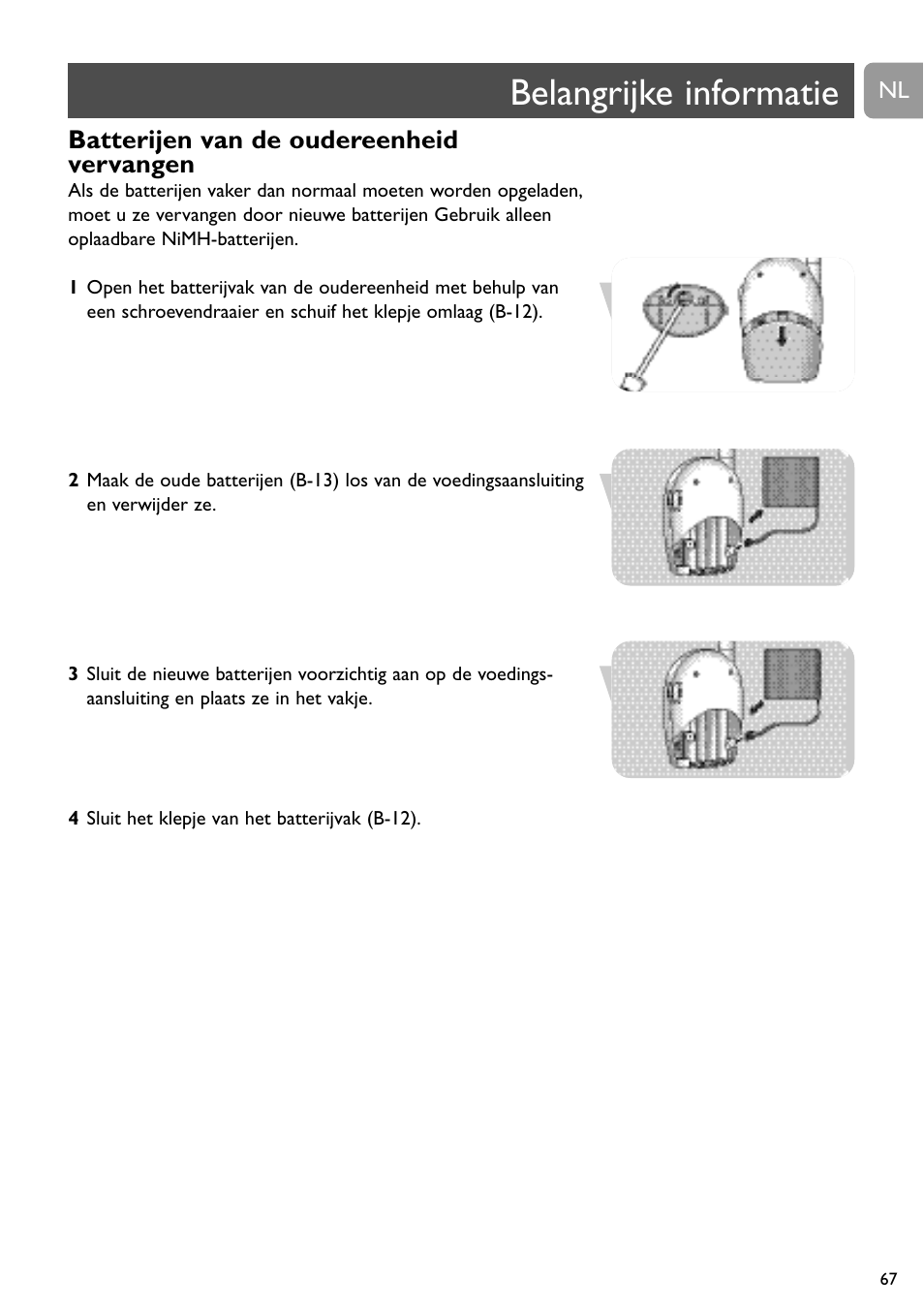 Belangrijke informatie, Batterijen van de oudereenheid vervangen | Philips Vigilabebés analógico User Manual | Page 67 / 173