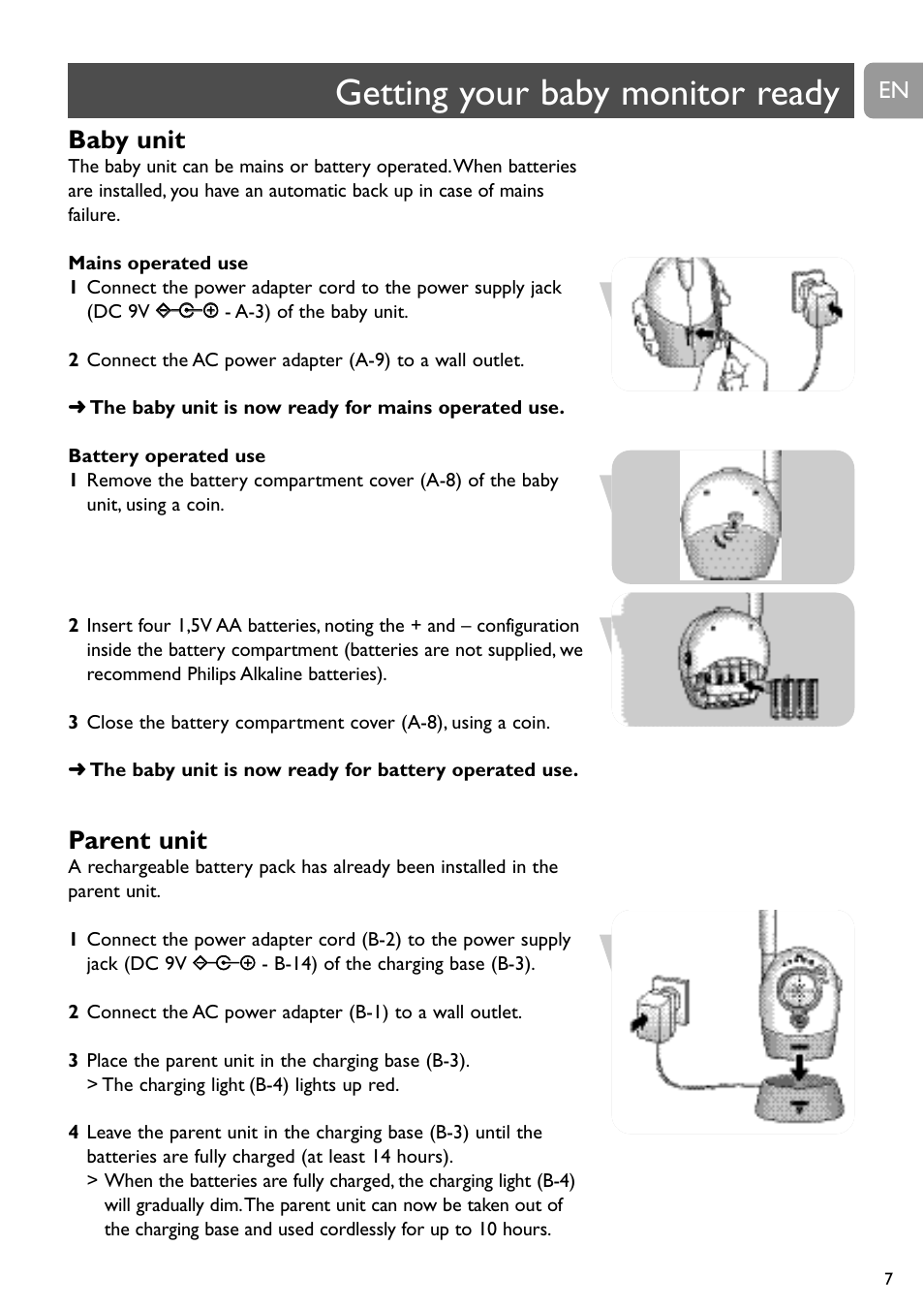 Getting your baby monitor ready, Baby unit, Parent unit | Philips Vigilabebés analógico User Manual | Page 7 / 173
