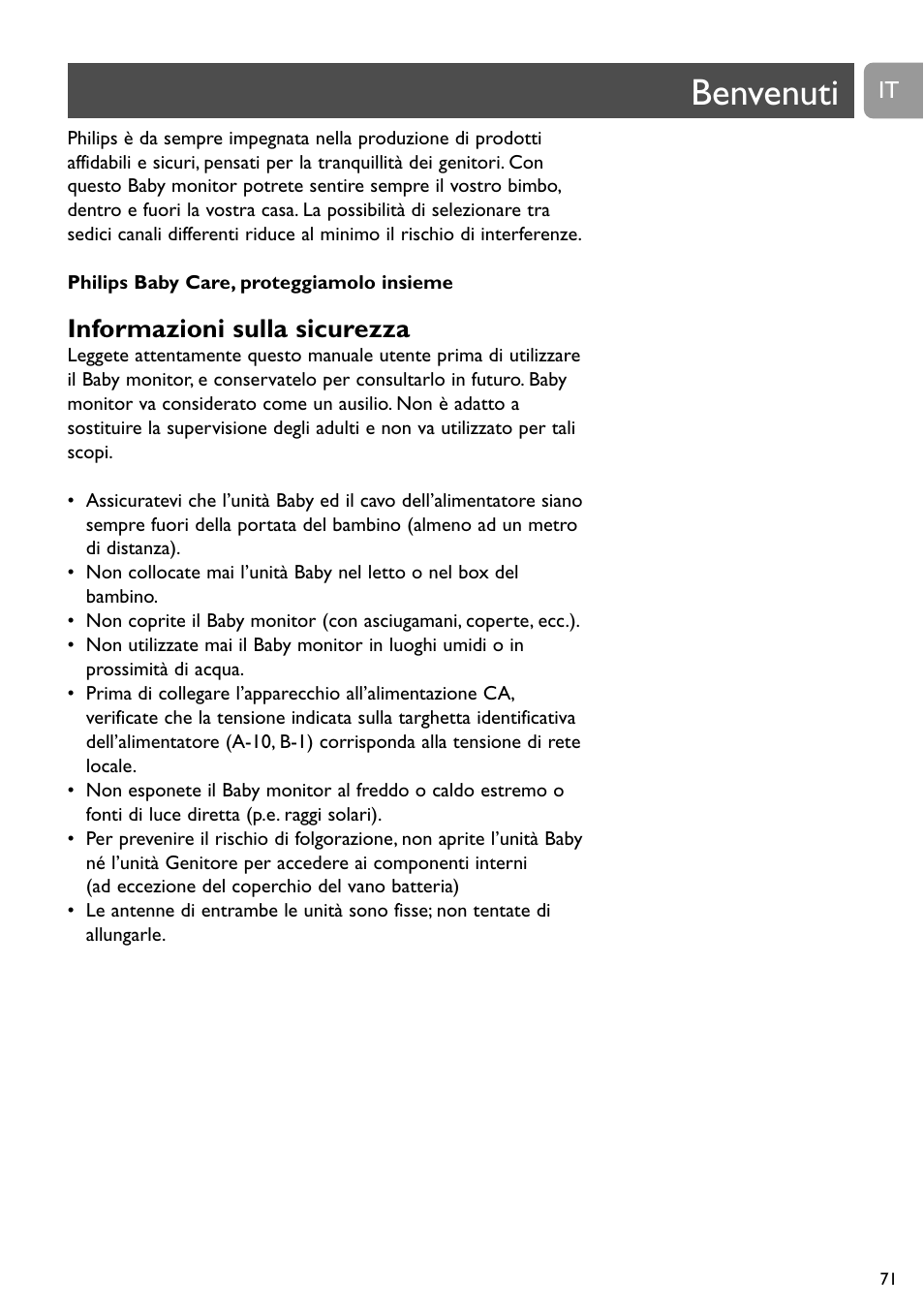Benvenuti, Informazioni sulla sicurezza | Philips Vigilabebés analógico User Manual | Page 71 / 173