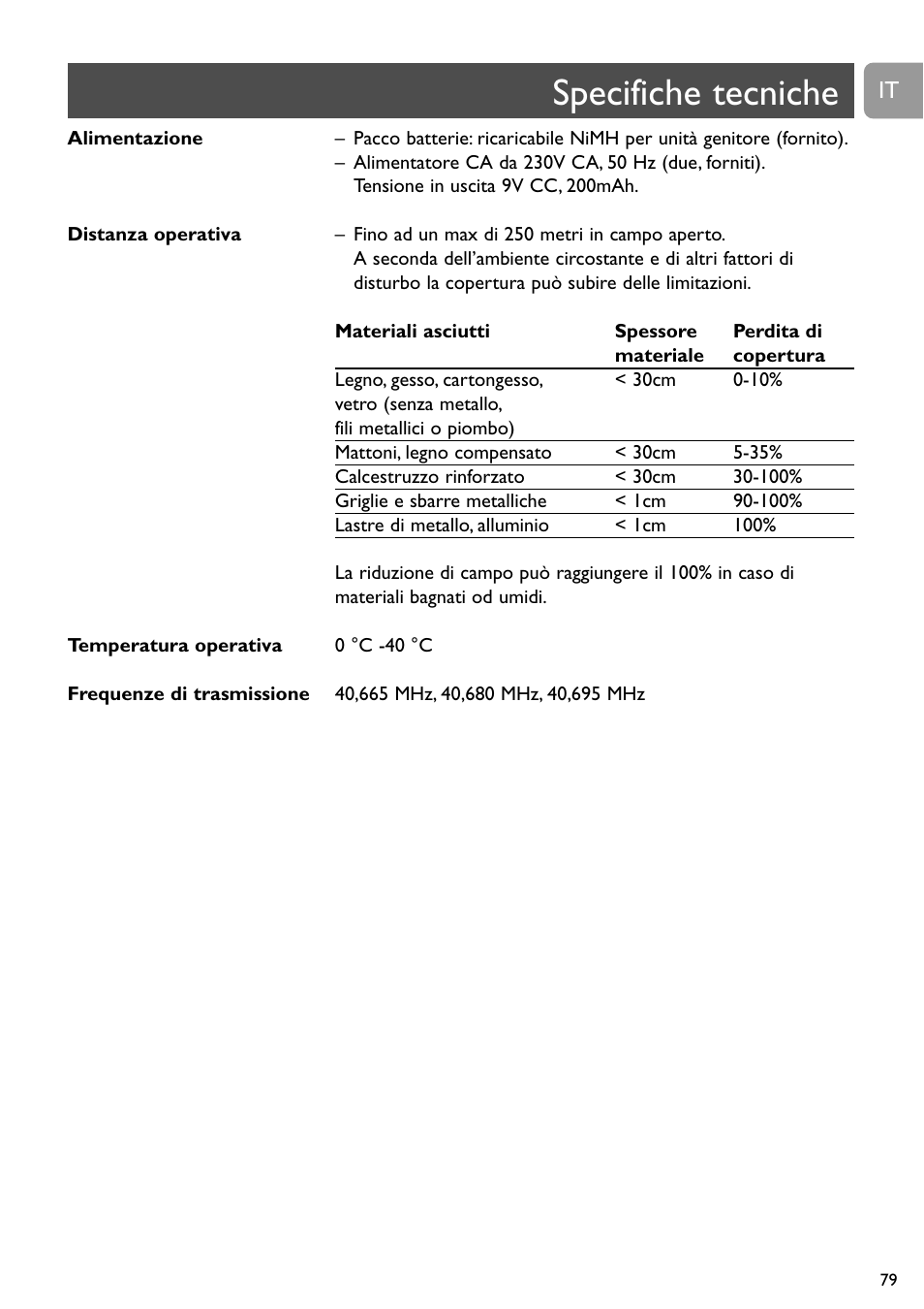 Specifiche tecniche | Philips Vigilabebés analógico User Manual | Page 79 / 173