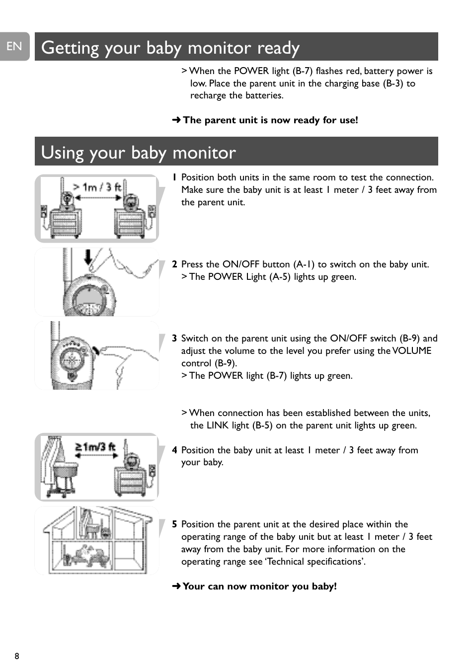 Using your baby monitor, Getting your baby monitor ready | Philips Vigilabebés analógico User Manual | Page 8 / 173