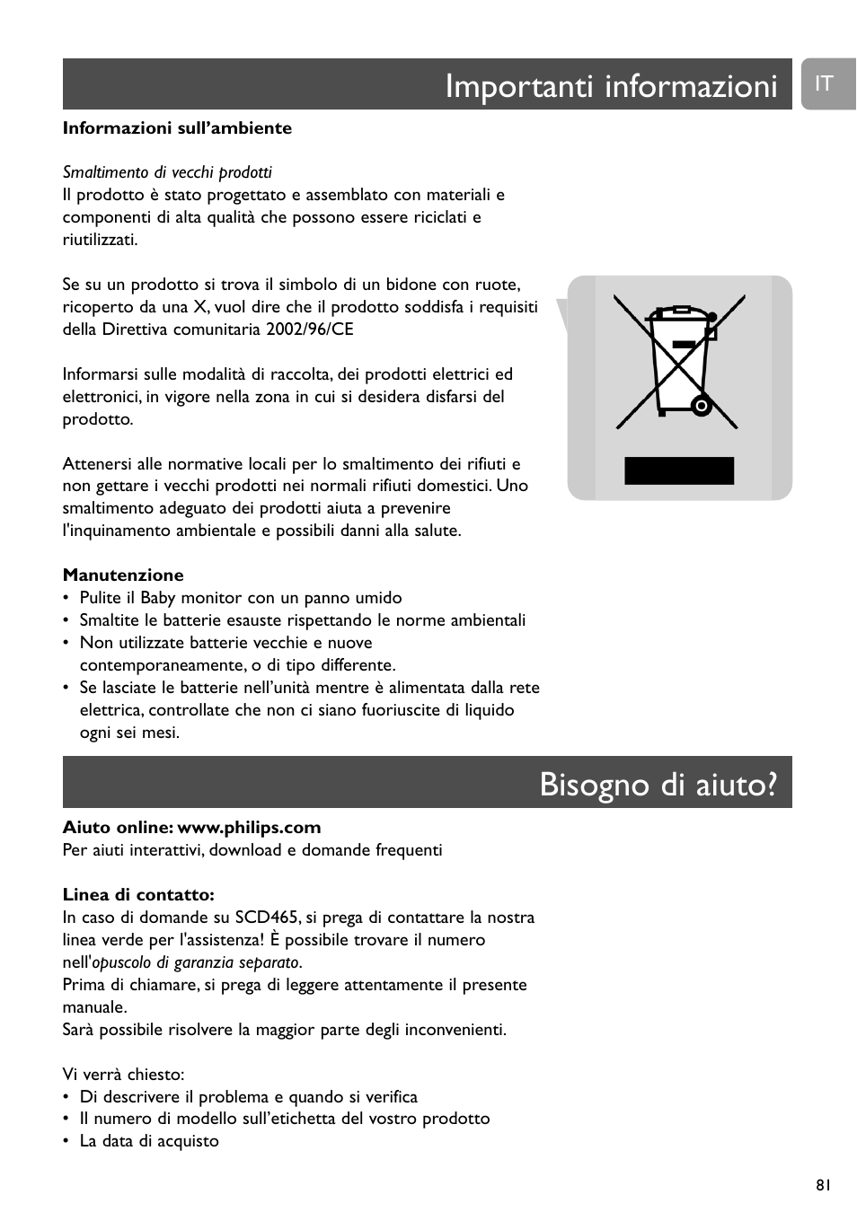 Importanti informazioni, Bisogno di aiuto | Philips Vigilabebés analógico User Manual | Page 81 / 173