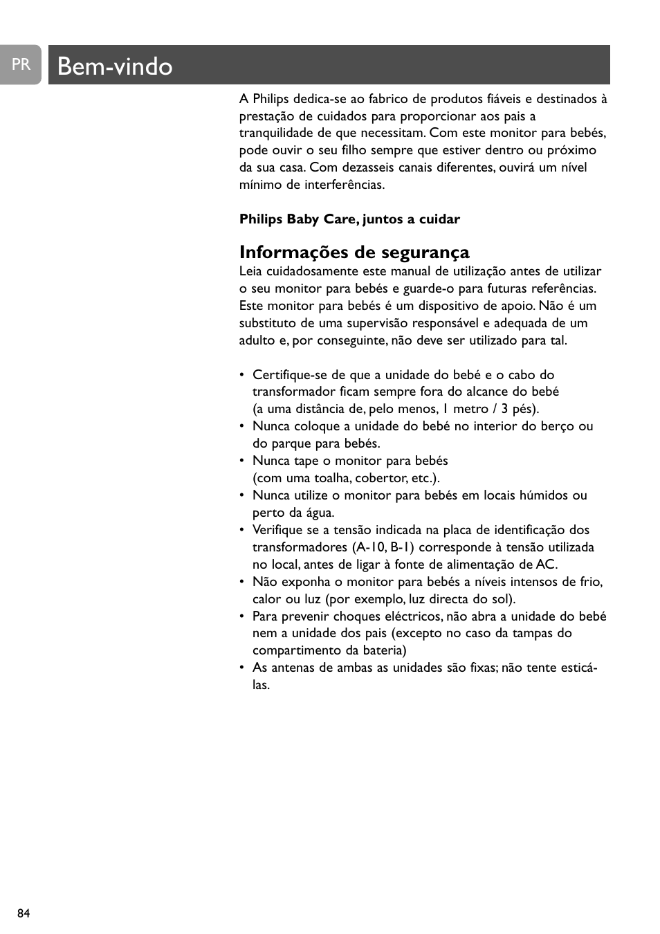 Bem-vindo, Informações de segurança | Philips Vigilabebés analógico User Manual | Page 84 / 173