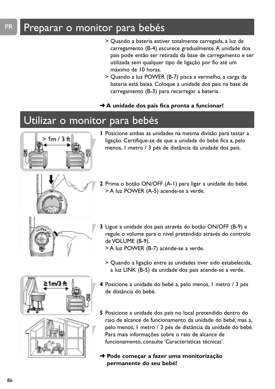 Preparar o monitor para bebés, Utilizar o monitor para bebés | Philips Vigilabebés analógico User Manual | Page 86 / 173
