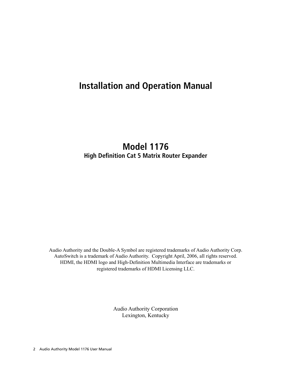 Installation and operation manual model 1176 | Audio Authority 1176 User Manual | Page 2 / 12