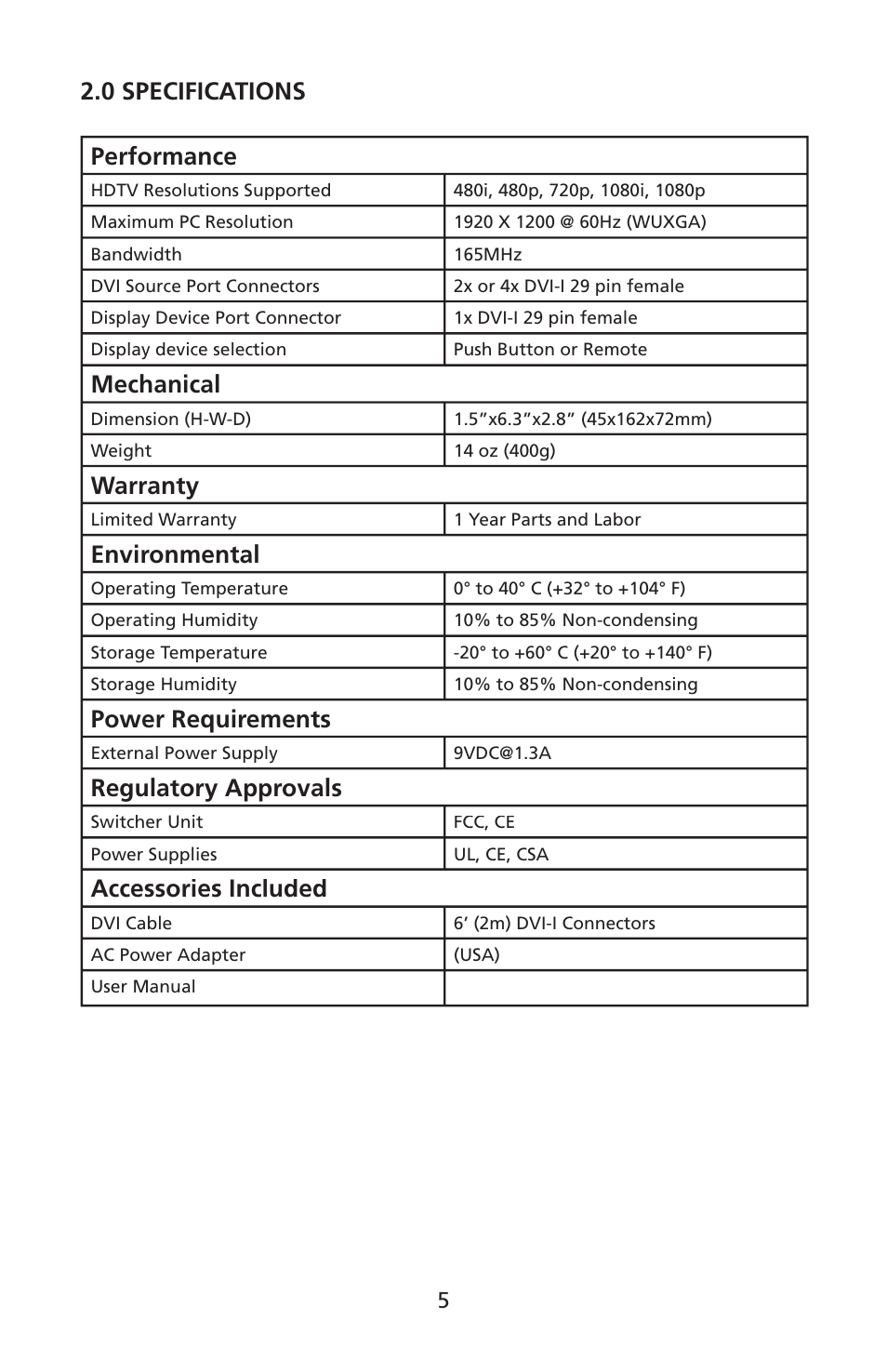 0 specifications performance, Mechanical, Warranty | Environmental, Power requirements, Regulatory approvals, Accessories included | Audio Authority 1332 User Manual | Page 5 / 12