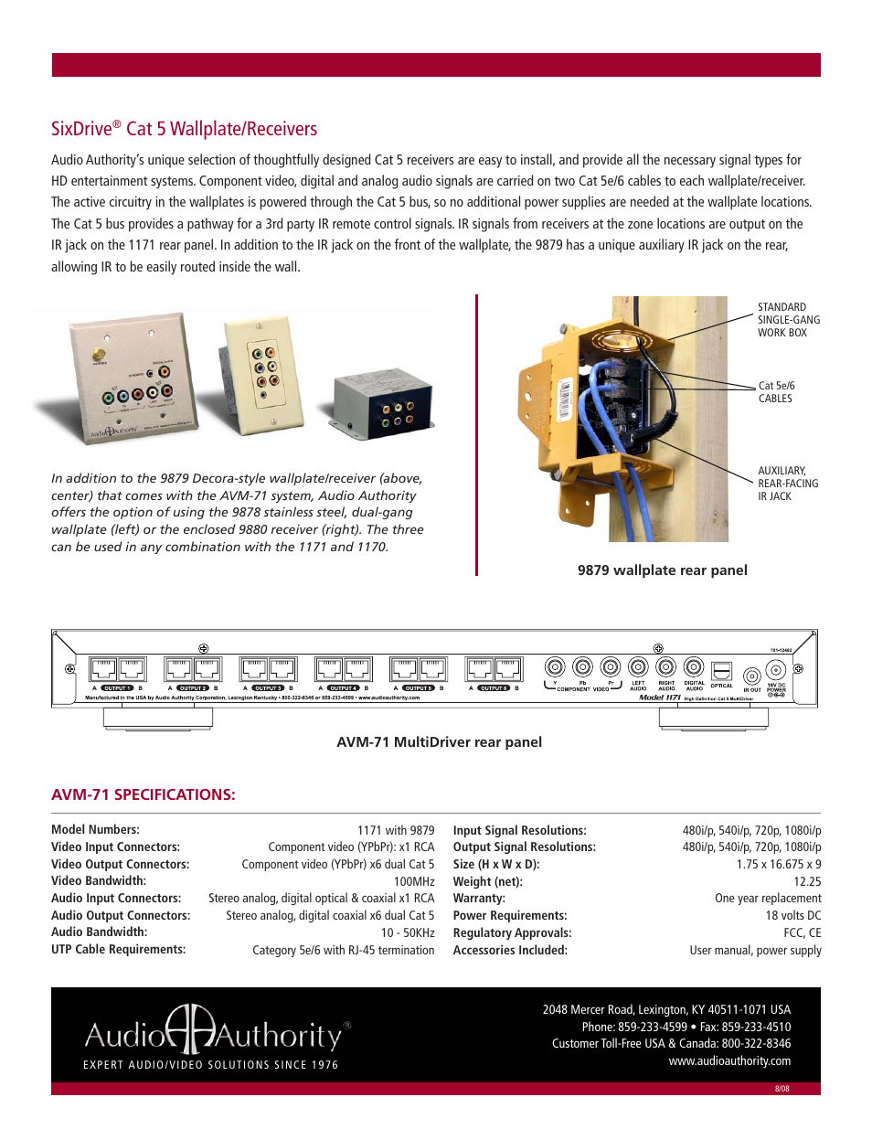 Sixdrive, Cat 5 wallplate/receivers | Audio Authority AVM-71 User Manual | Page 2 / 2