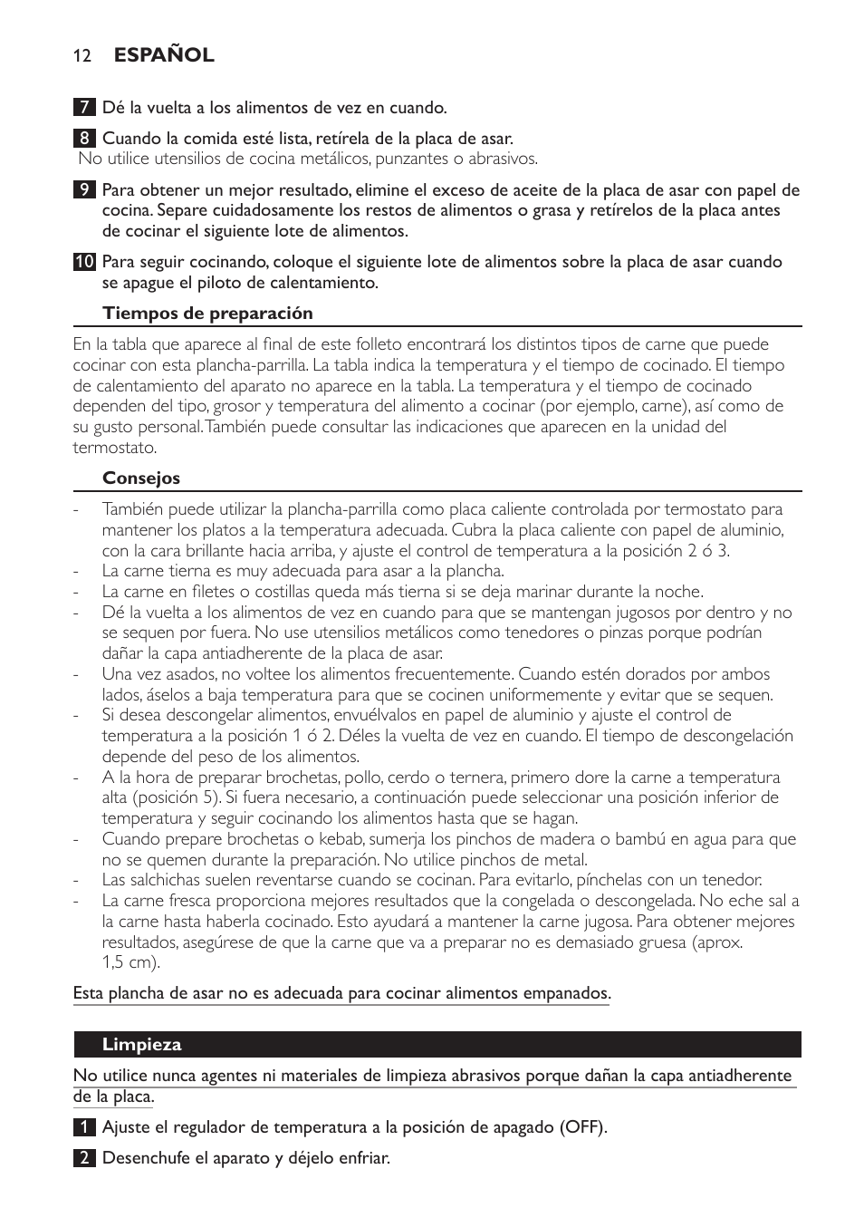 Tiempos de preparación, Consejos, Limpieza | Philips Plancha Grill User Manual | Page 12 / 28