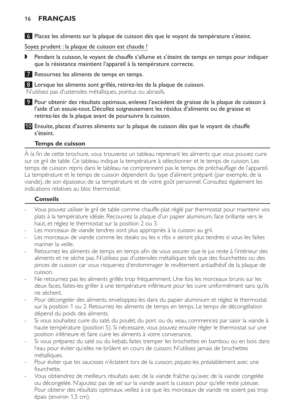 Temps de cuisson, Conseils | Philips Plancha Grill User Manual | Page 16 / 28