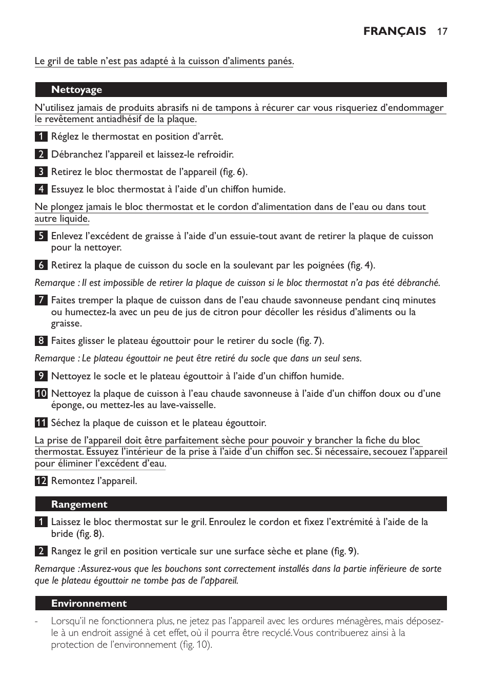 Nettoyage, Rangement, Environnement | Philips Plancha Grill User Manual | Page 17 / 28