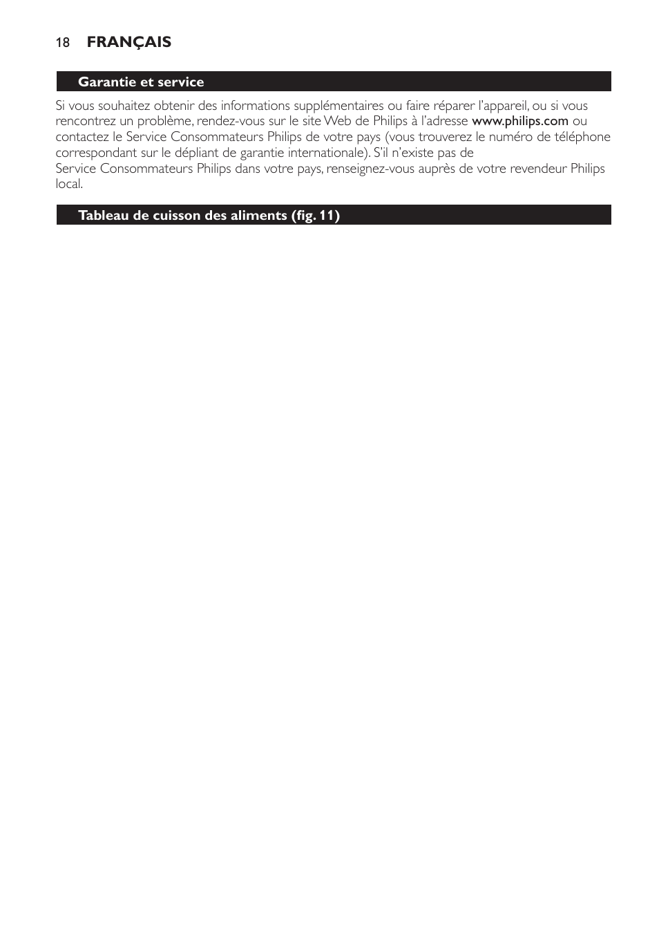 Garantie et service, Tableau de cuisson des aliments (fig. 11) | Philips Plancha Grill User Manual | Page 18 / 28