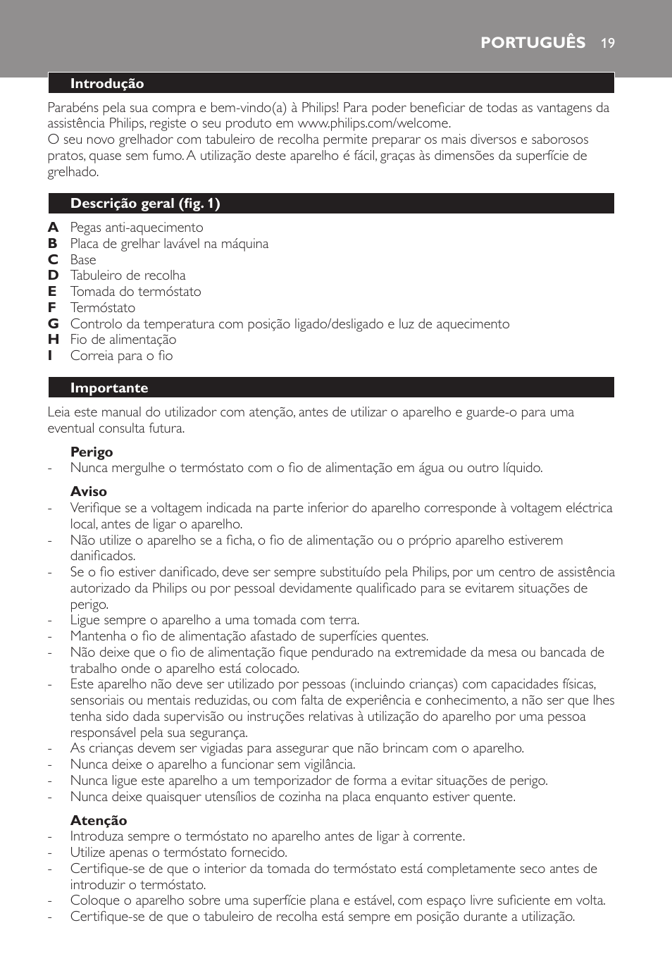 Perigo, Aviso, Atenção | Português, Introdução, Descrição geral (fig. 1), Importante | Philips Plancha Grill User Manual | Page 19 / 28