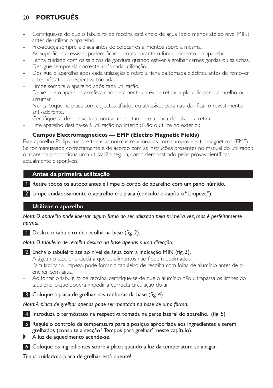 Antes da primeira utilização, Utilizar o aparelho | Philips Plancha Grill User Manual | Page 20 / 28