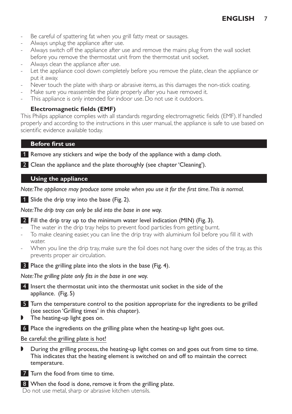 Electromagnetic fields (emf), Before first use, Using the appliance | Philips Plancha Grill User Manual | Page 7 / 28