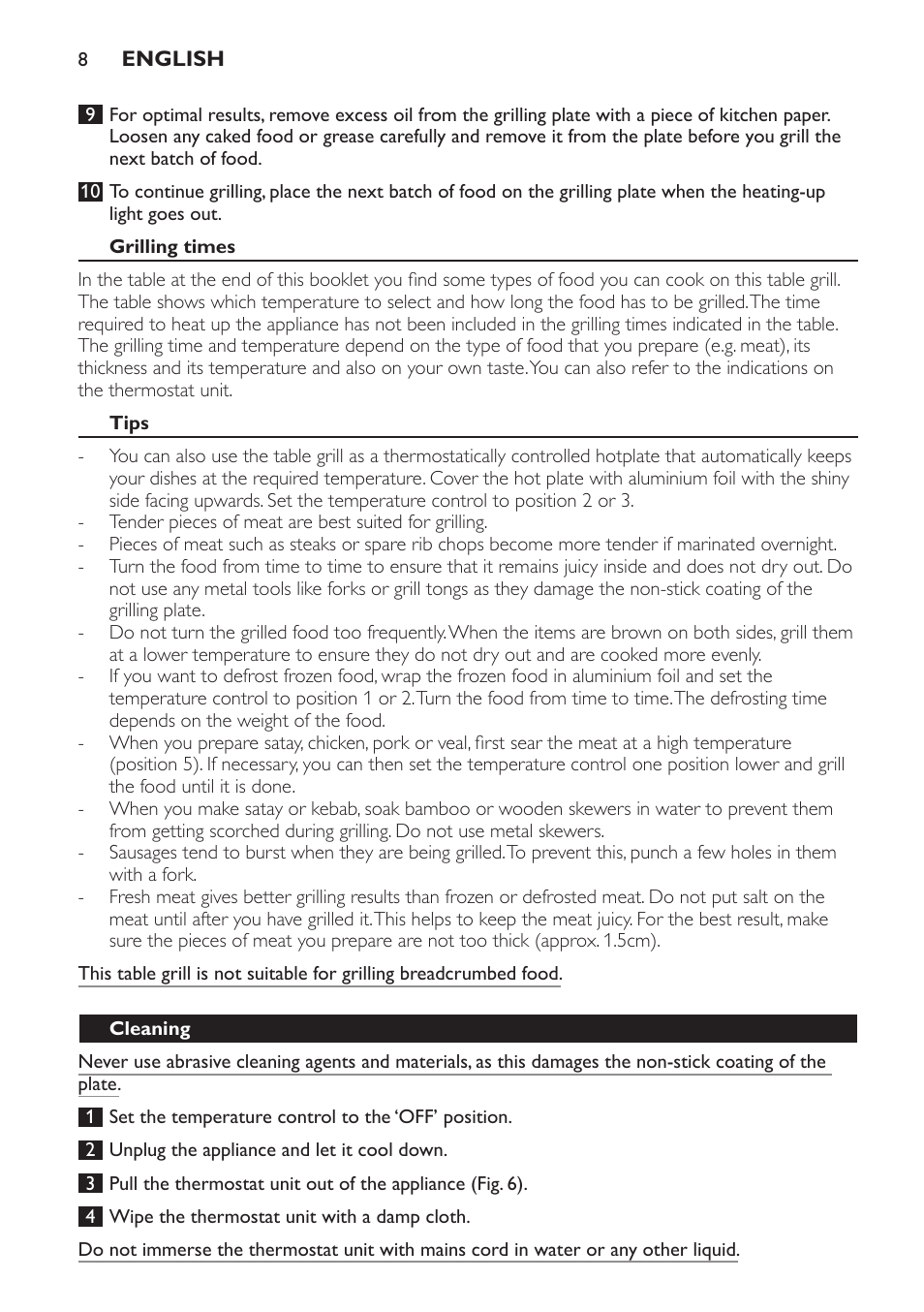 Grilling times, Tips, Cleaning | Philips Plancha Grill User Manual | Page 8 / 28