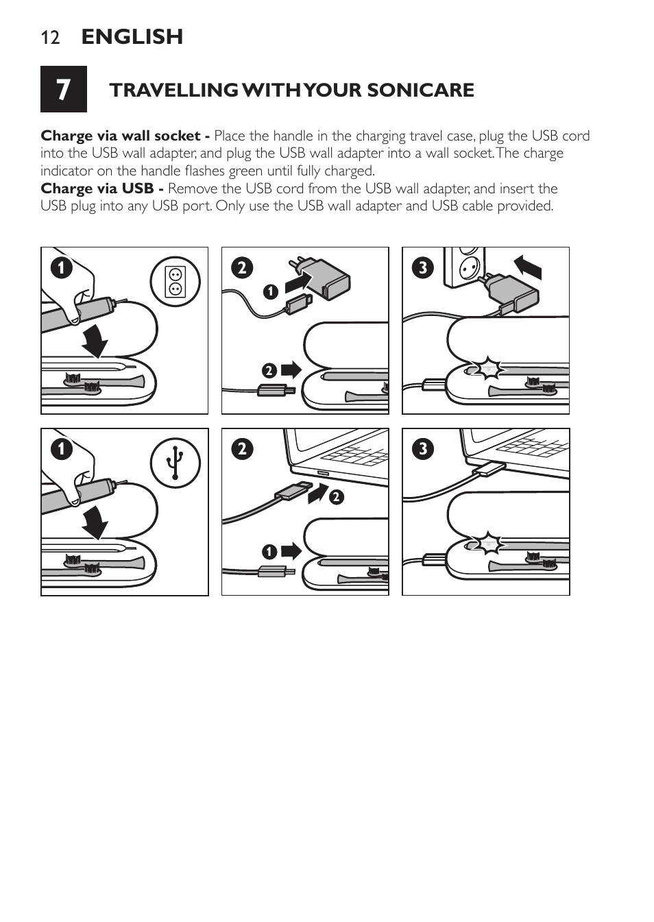 English, Travelling with your sonicare | Philips Sonicare DiamondClean Cepillo dental sónico recargable User Manual | Page 12 / 76