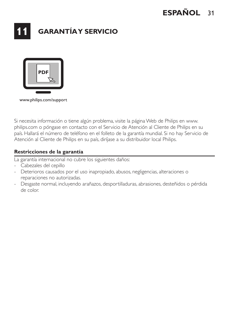 Español, Garantía y servicio | Philips Sonicare DiamondClean Cepillo dental sónico recargable User Manual | Page 31 / 76