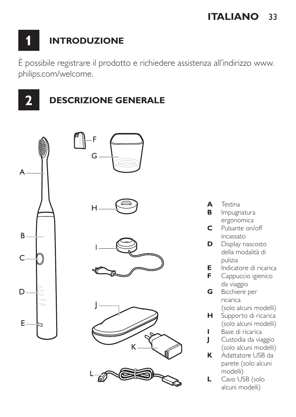 Introduzione, Descrizione generale, Italiano | Philips Sonicare DiamondClean Cepillo dental sónico recargable User Manual | Page 33 / 76