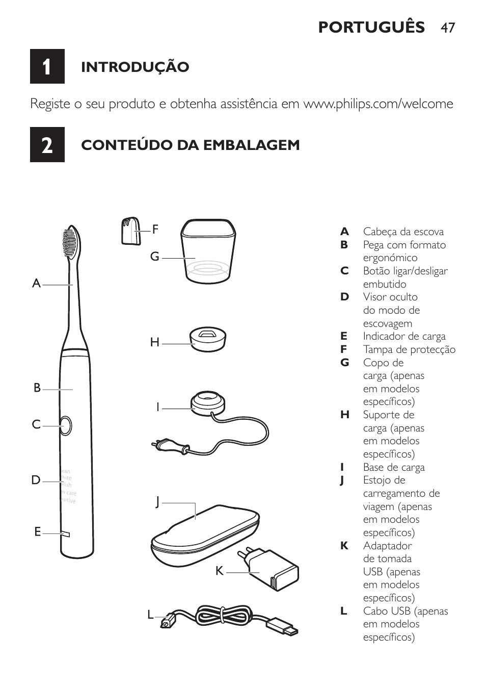 Português, Conteúdo da embalagem | Philips Sonicare DiamondClean Cepillo dental sónico recargable User Manual | Page 47 / 76