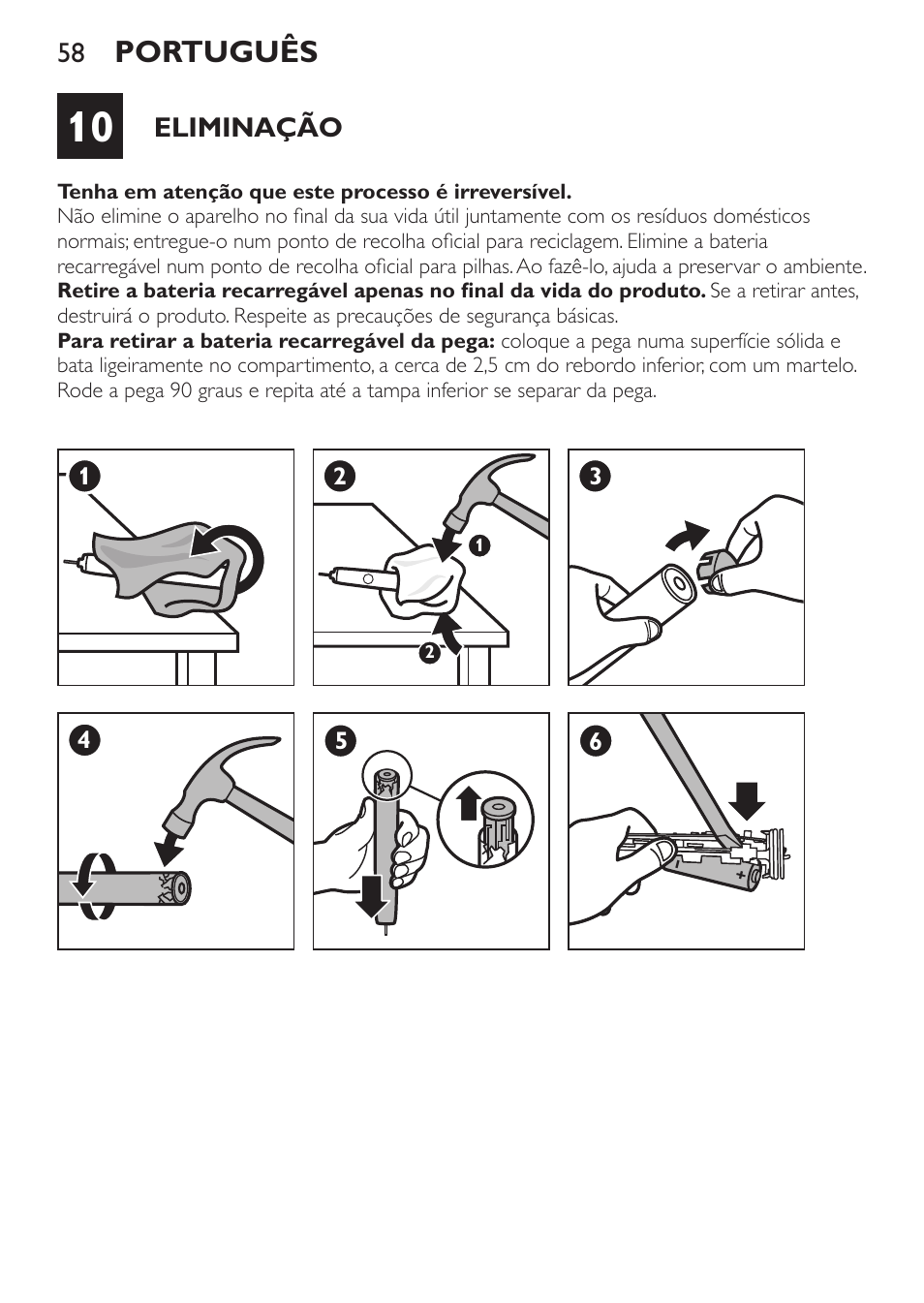 Português, Eliminação | Philips Sonicare DiamondClean Cepillo dental sónico recargable User Manual | Page 58 / 76