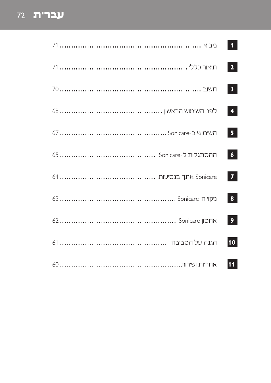 Hebrew, 72 heebrew | Philips Sonicare DiamondClean Cepillo dental sónico recargable User Manual | Page 72 / 76