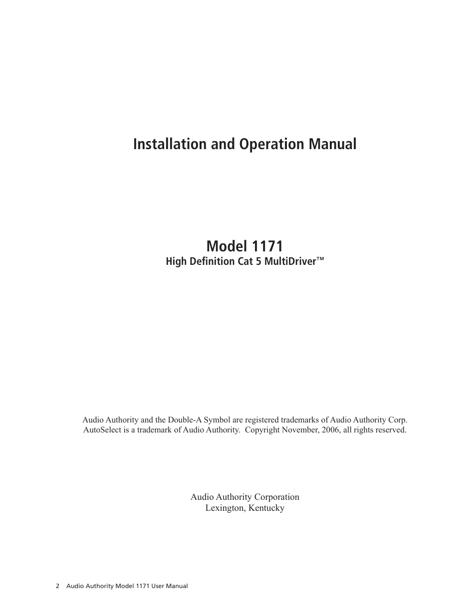 Installation and operation manual model 1171 | Audio Authority 1171 User Manual | Page 2 / 12