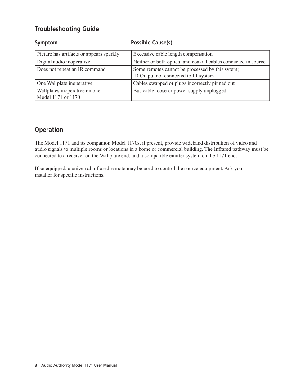 Troubleshooting guide, Operation | Audio Authority 1171 User Manual | Page 8 / 12