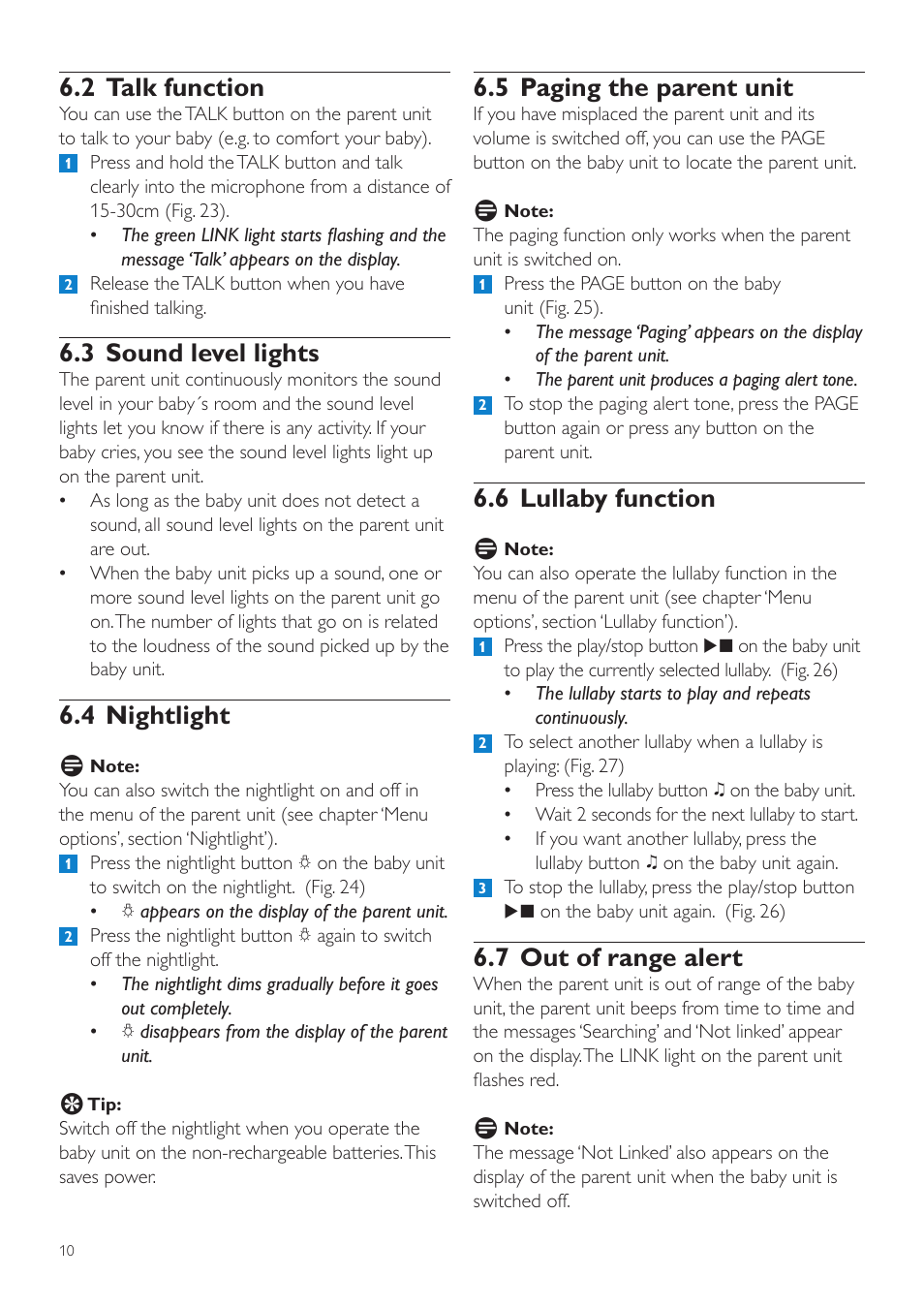 5 paging the parent unit, 6 lullaby function, 7 out of range alert | 2 talk function, 3 sound level lights, 4 nightlight | Philips AVENT Vigilabebés DECT User Manual | Page 10 / 204