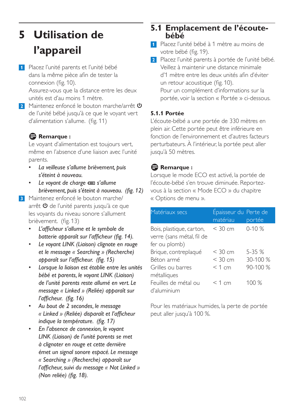 5 utilisation de l’appareil, 1 emplacement de l’écoute- bébé | Philips AVENT Vigilabebés DECT User Manual | Page 102 / 204