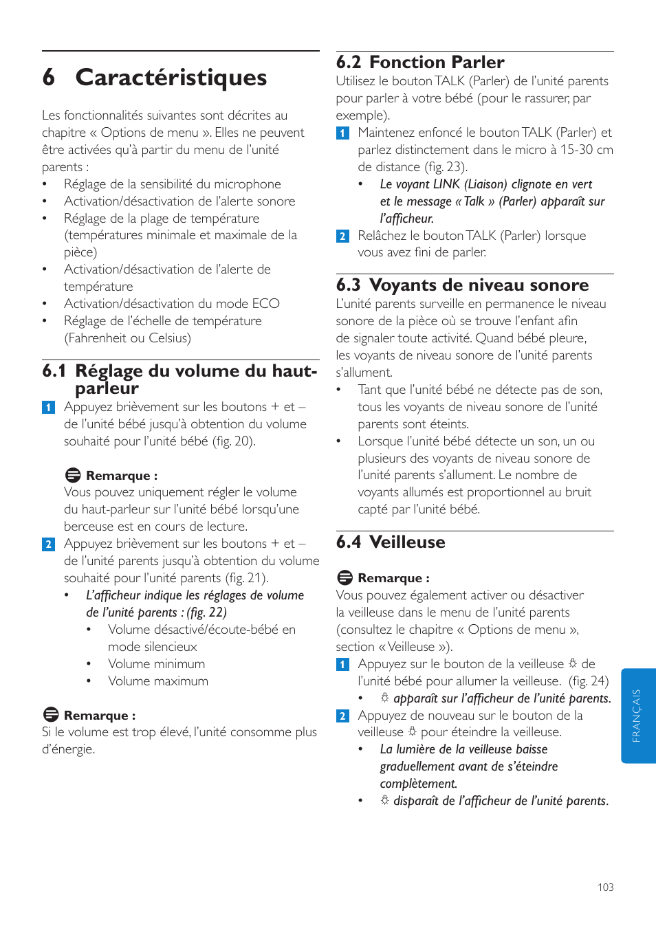 6 caractéristiques, 2 fonction parler, 3 voyants de niveau sonore | 4 veilleuse, 1 réglage du volume du haut- parleur | Philips AVENT Vigilabebés DECT User Manual | Page 103 / 204
