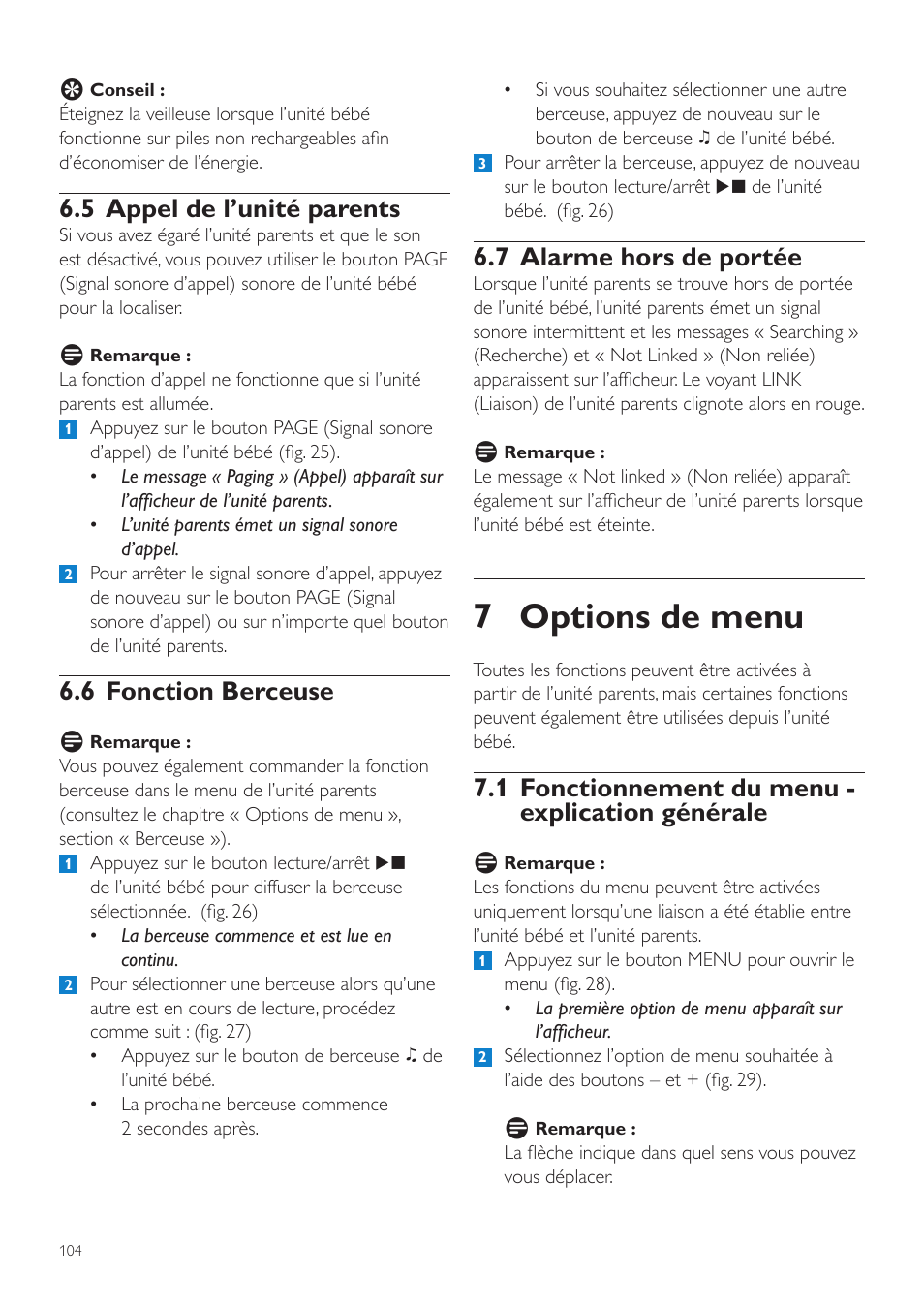 7 options de menu, 7 alarme hors de portée, 1 fonctionnement du menu - explication générale | 5 appel de l’unité parents, 6 fonction berceuse | Philips AVENT Vigilabebés DECT User Manual | Page 104 / 204