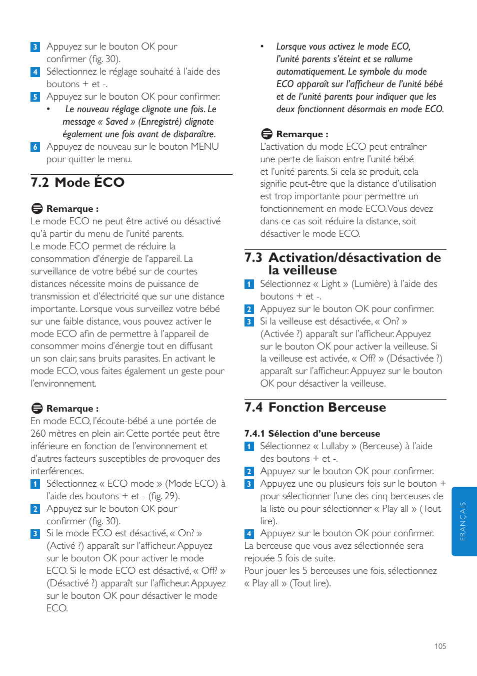 3 activation/désactivation de la veilleuse, 4 fonction berceuse, 2 mode éco | Philips AVENT Vigilabebés DECT User Manual | Page 105 / 204