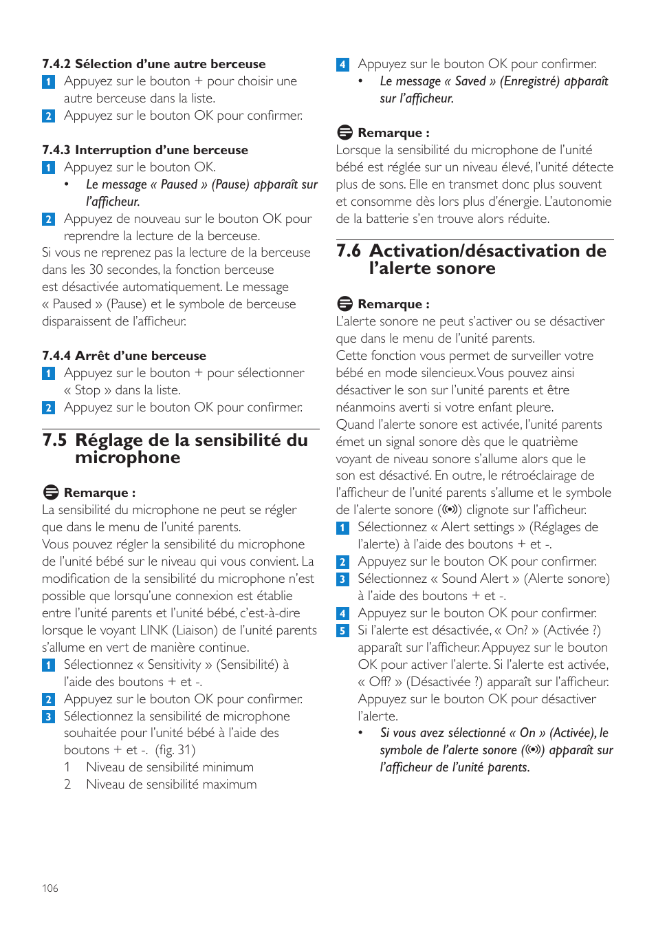 6 activation/désactivation de l’alerte sonore, 5 réglage de la sensibilité du microphone | Philips AVENT Vigilabebés DECT User Manual | Page 106 / 204