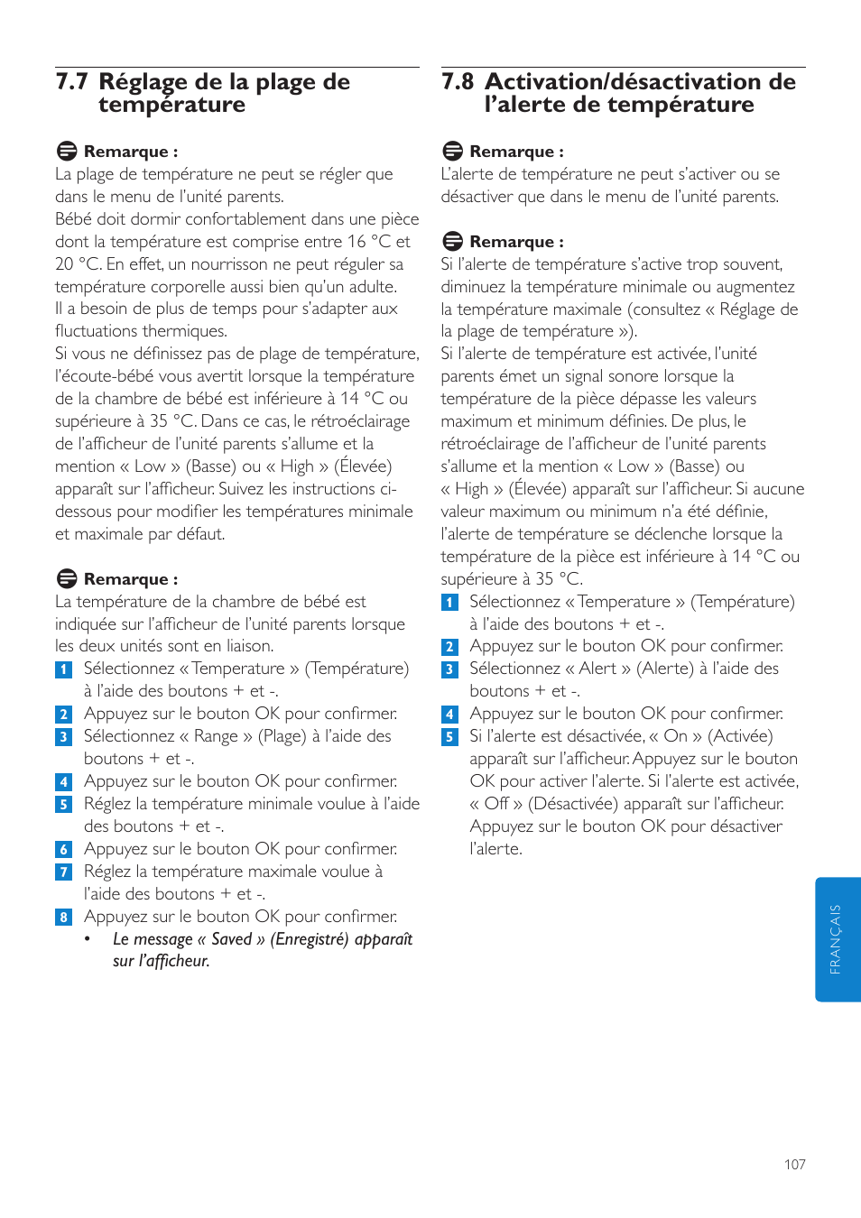 7 réglage de la plage de température | Philips AVENT Vigilabebés DECT User Manual | Page 107 / 204