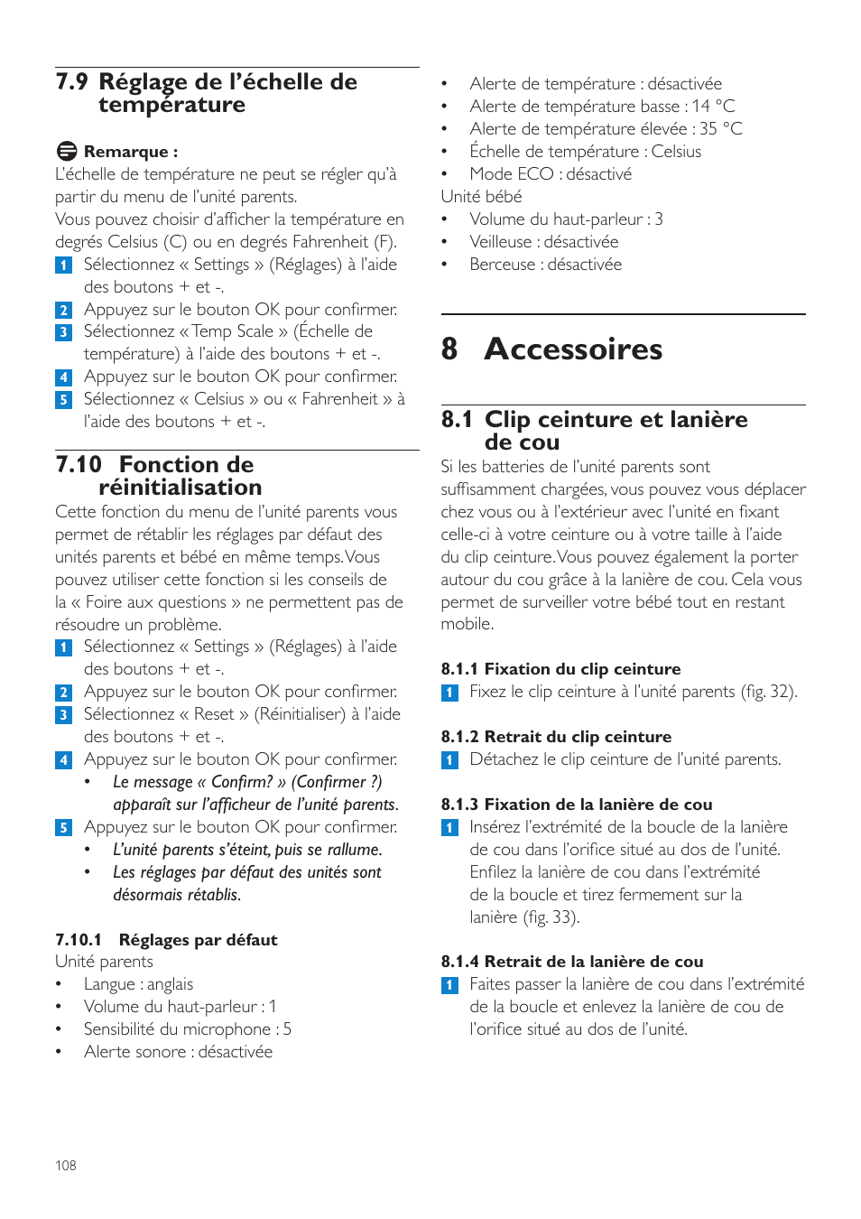 8 accessoires, 1 clip ceinture et lanière de cou, 9 réglage de l’échelle de température | 10 fonction de réinitialisation | Philips AVENT Vigilabebés DECT User Manual | Page 108 / 204