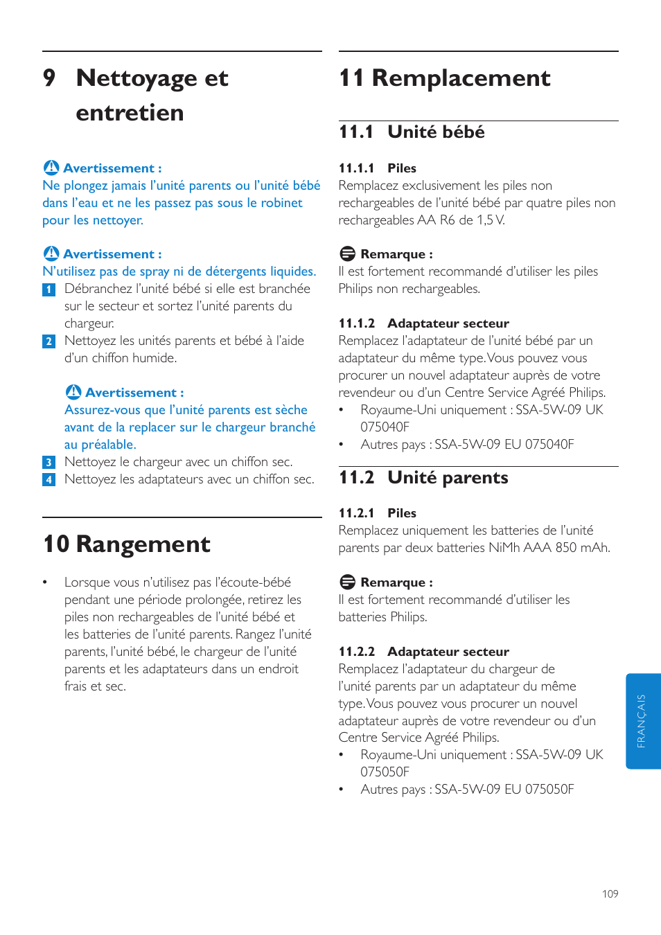 11 remplacement, 9 nettoyage et entretien, 10 rangement | 1 unité bébé, 2 unité parents | Philips AVENT Vigilabebés DECT User Manual | Page 109 / 204