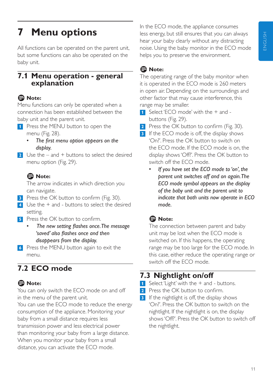 7 menu options, 3 nightlight on/off, 1 menu operation - general explanation | 2 eco mode | Philips AVENT Vigilabebés DECT User Manual | Page 11 / 204