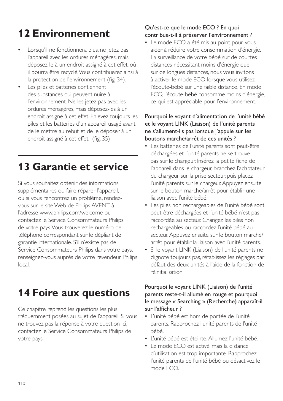 12 environnement, 13 garantie et service, 14 foire aux questions | Philips AVENT Vigilabebés DECT User Manual | Page 110 / 204